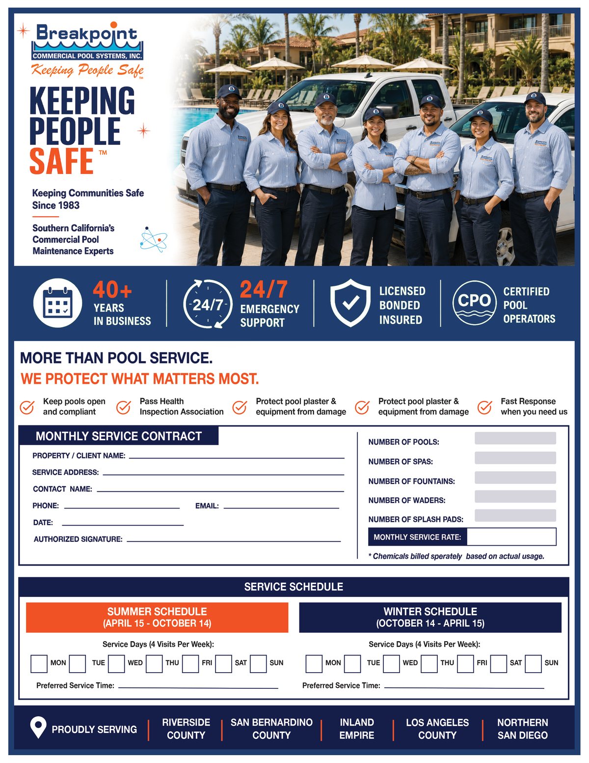 Keeping People Safe — monthly service contract flyer with schedule