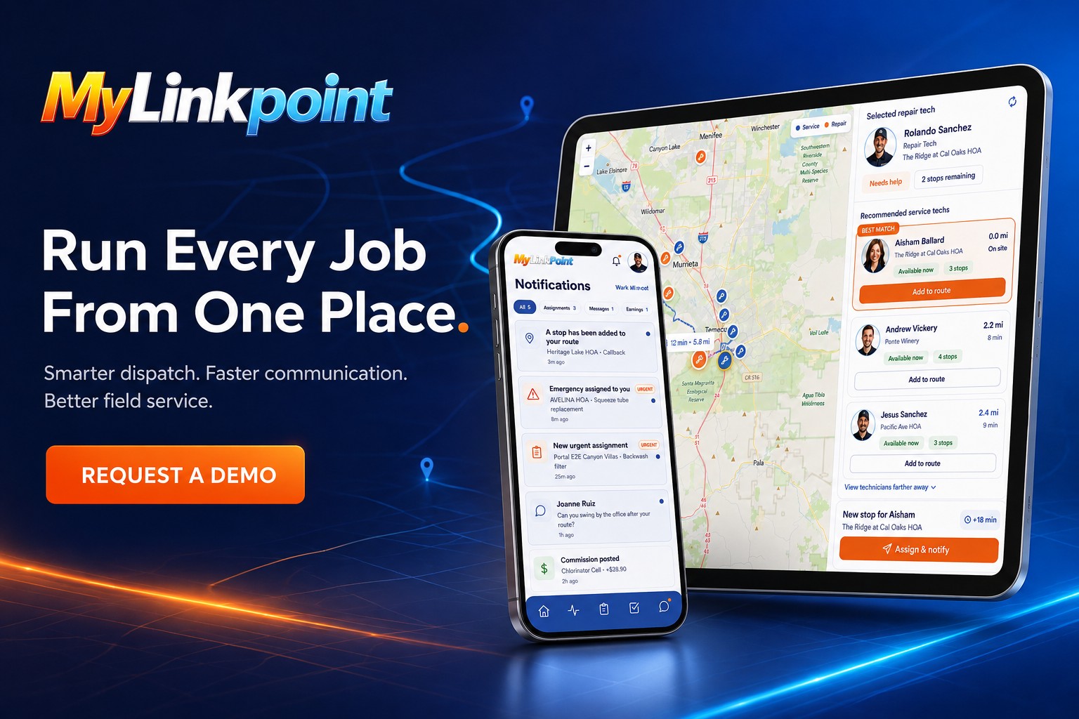 MyLinkPoint — run every job from one place: dispatch map, tech assignment and mobile notifications