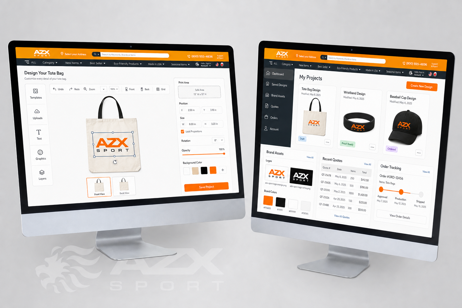 AZX Sport — tote bag design editor and My Projects dashboard