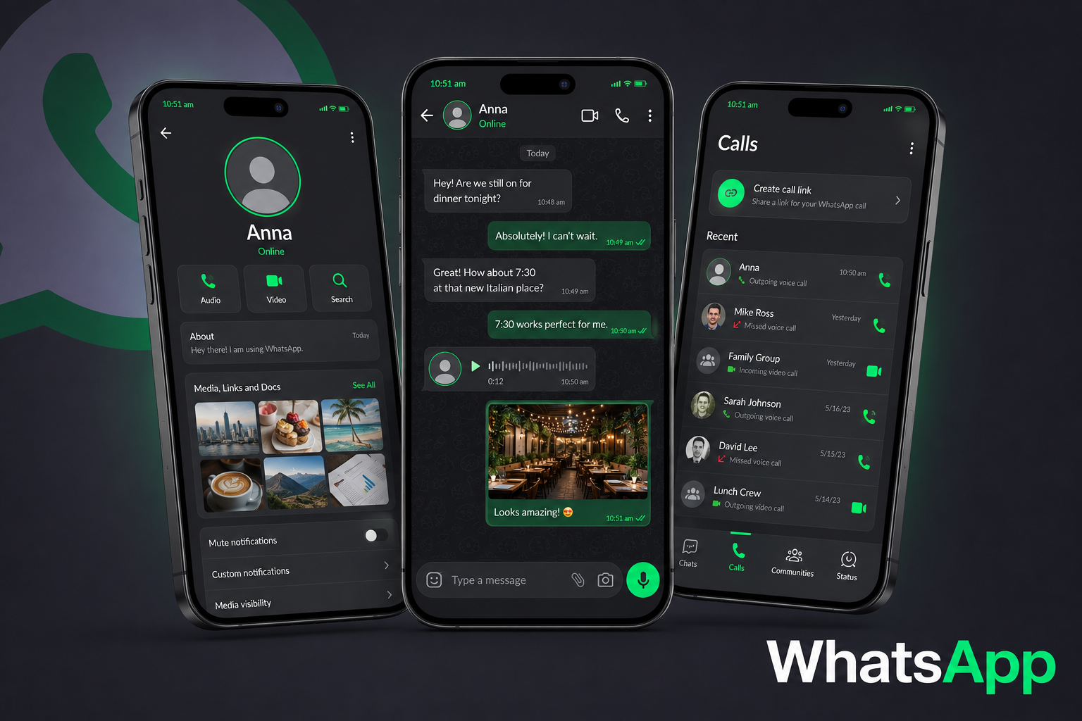 WhatsApp UI redesign — contact profile, chat thread and calls