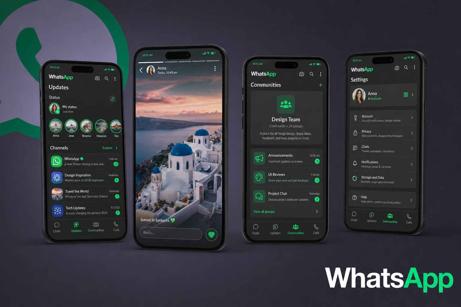 WhatsApp UI redesign — updates, status viewer, communities and settings